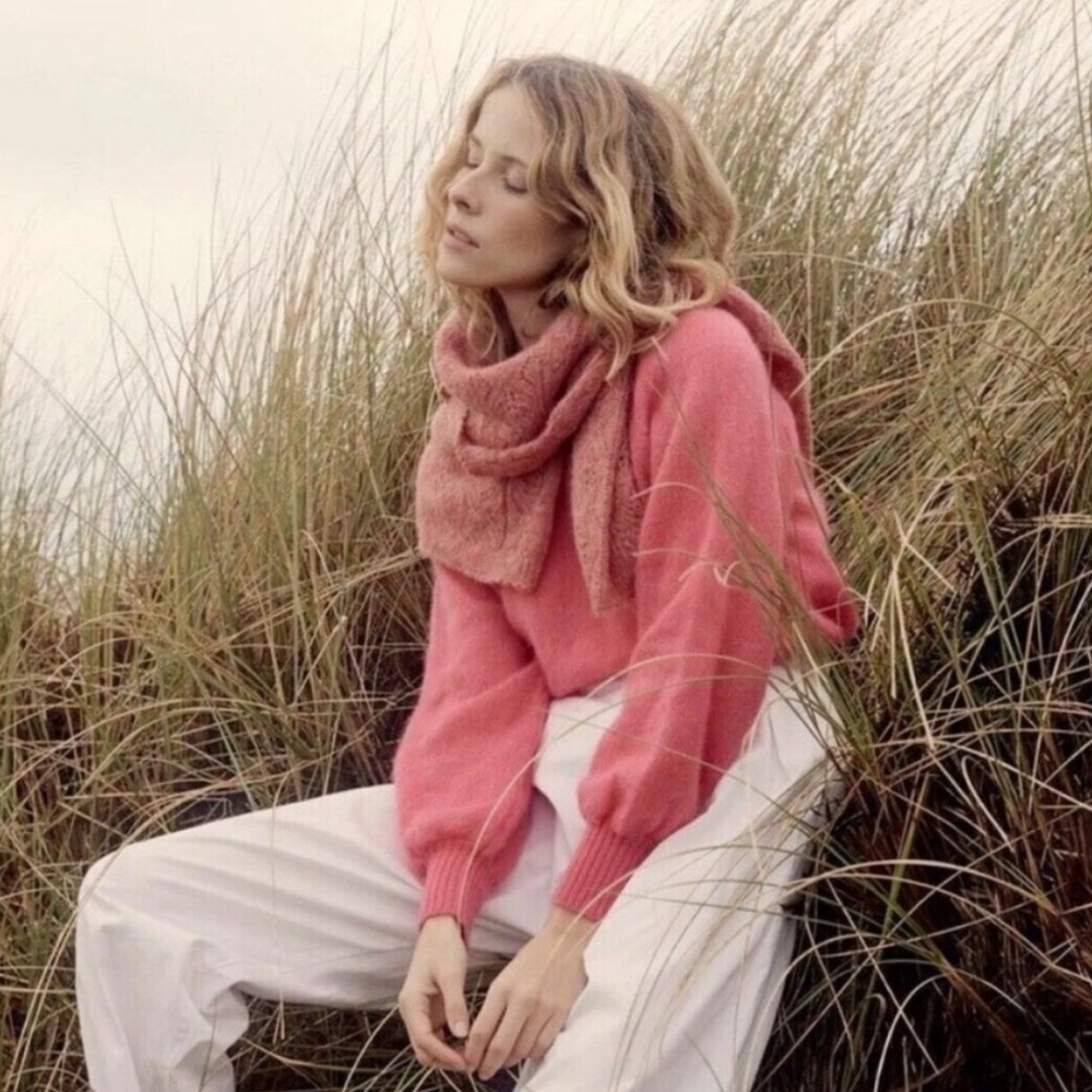 Doen Marsena Puff Sleeve Crewneck Pullover Knit Sweater Juneberry Pink